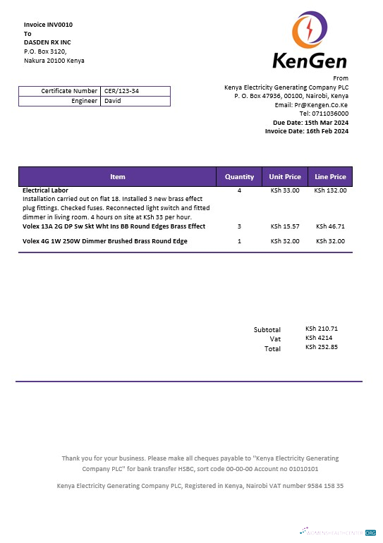 Kenya KenGen Electricity Generating Company business utility bill template in Word and PDF formats